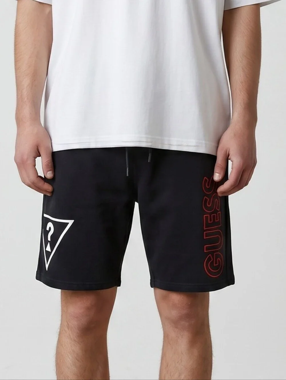 Guess Black Athletic Shorts with Red Logo and White Triangle